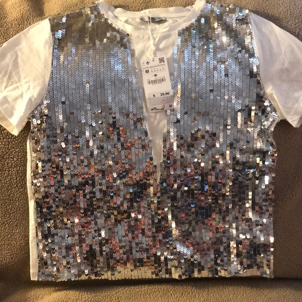 Brand New Zara White-Siver Sequence Vest Shirt